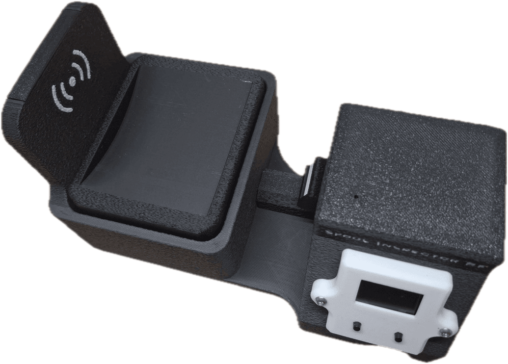 Spool Inspector RF — assembled black unit with the NFC wave symbol on the scale cradle and the OLED electronics box alongside